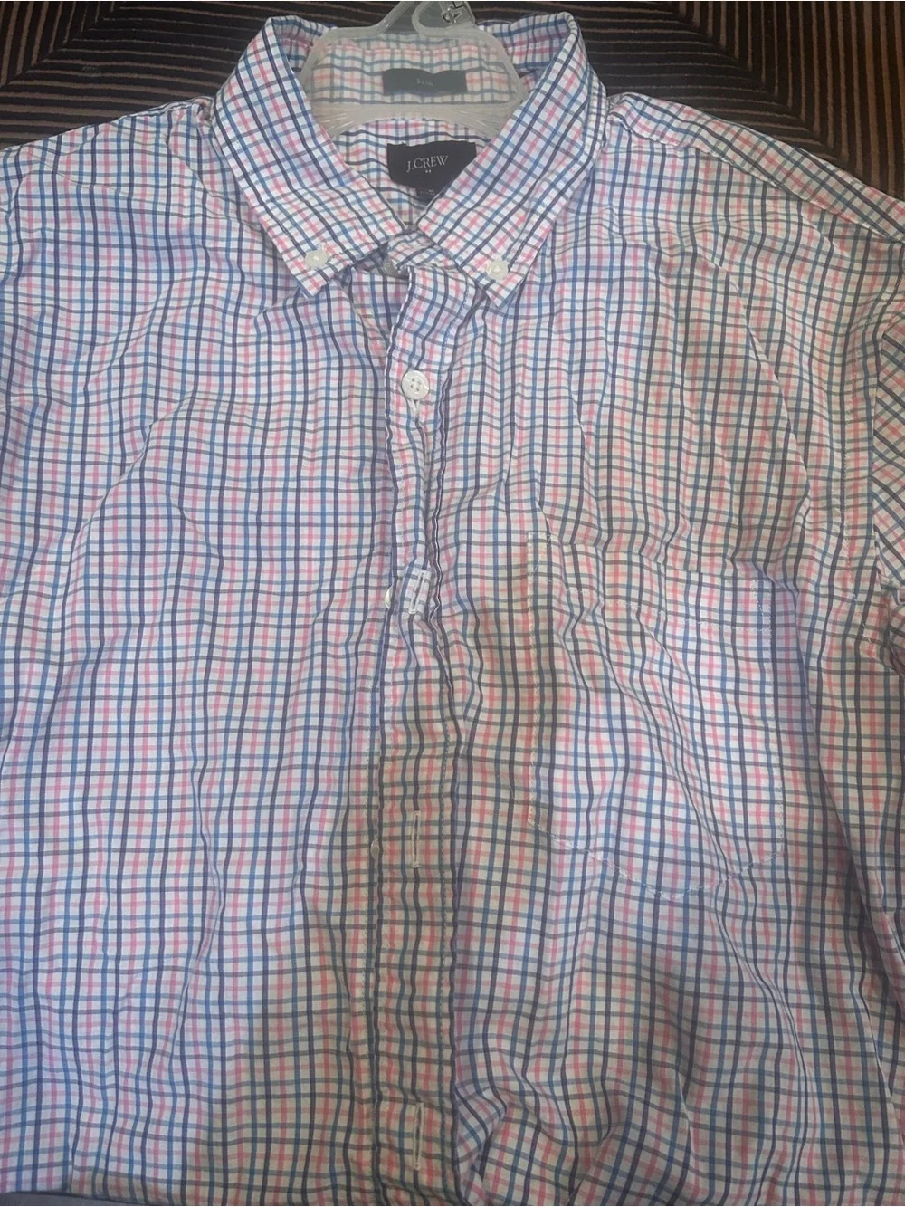 J. Crew Men's Button-Down Plaid Shirt in White with Blue & Pink Checks